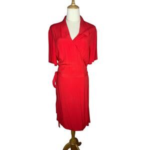 Bimba y Lola Red Collared Wrap Dress Lightweight Short Sleeve V Neck Size Large